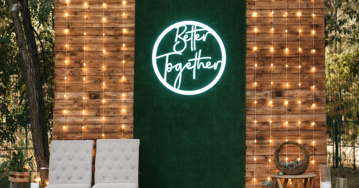 better together wedding neon sign backdrop