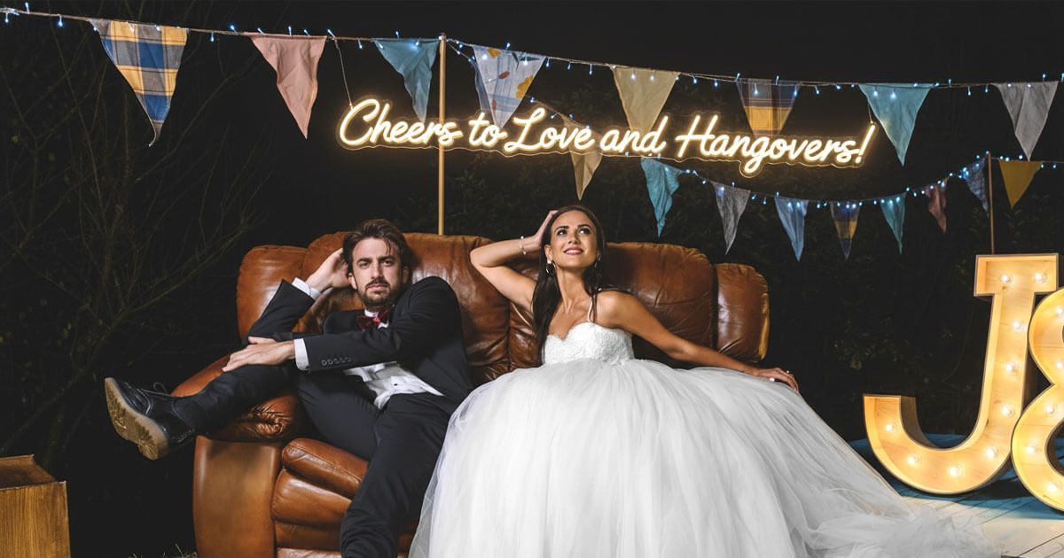 funny wedding neon sign with bride and groom