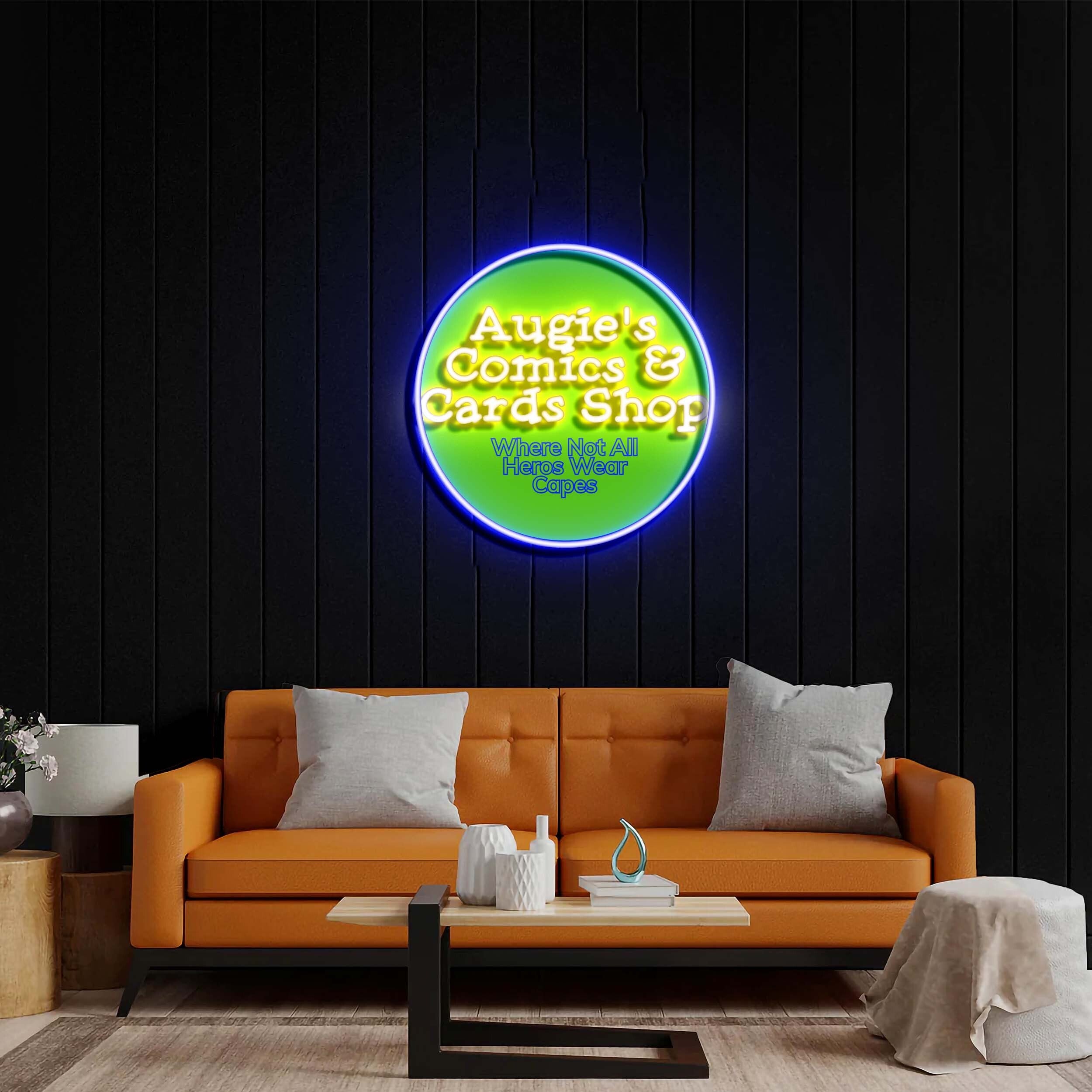 Augie's Comics & Cards Shop - Premium Neon Artwork