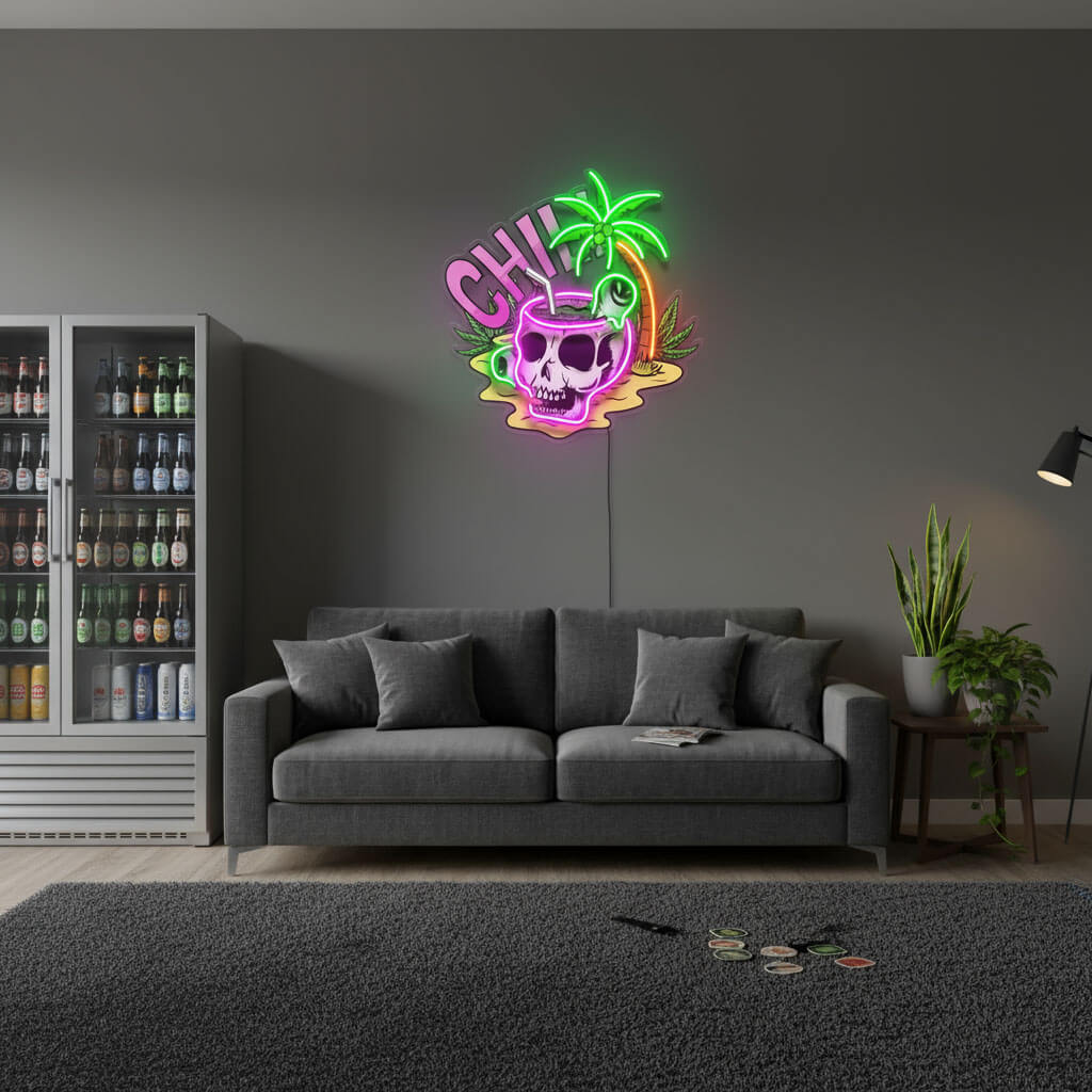 Chill Skull Tropical UV Print LED Neon Art Sign