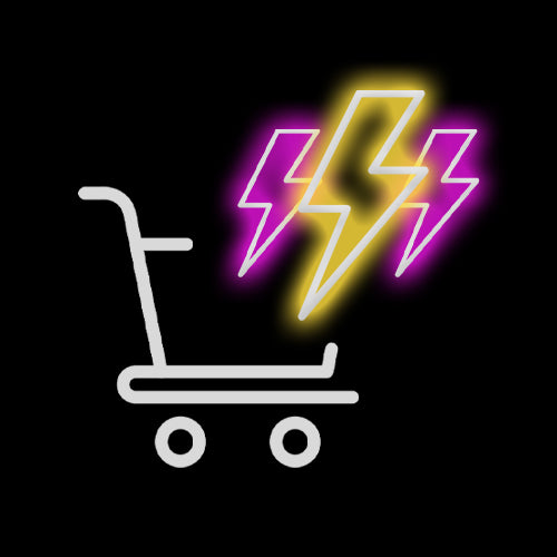 Neon shopping cart icon with lightning bolts on a black background