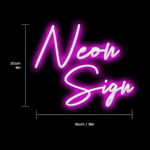 Neon sign with 'Neon Sign' text and dimensions on a black background