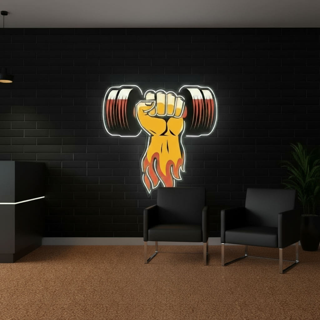 Flaming Fist Dumbbell - UV Print Gym LED Neon Sign