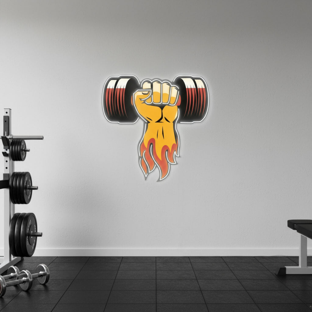 Flaming Fist Dumbbell - UV Print Gym LED Neon Sign