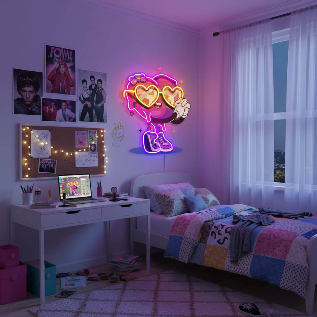 Cute Heart Character UV Print LED Neon Art Sign