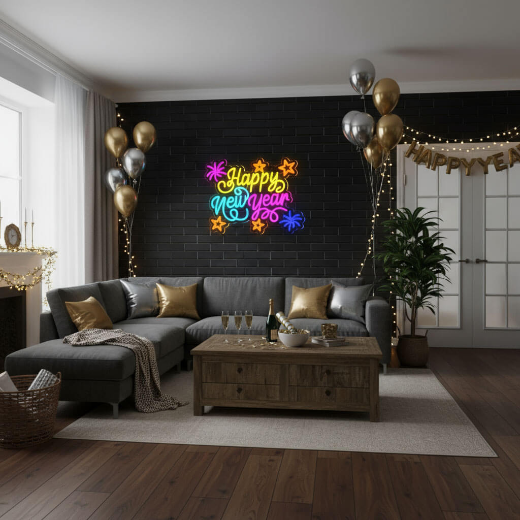Happy New Year Fireworks & Stars - Events Decor LED Neon Sign