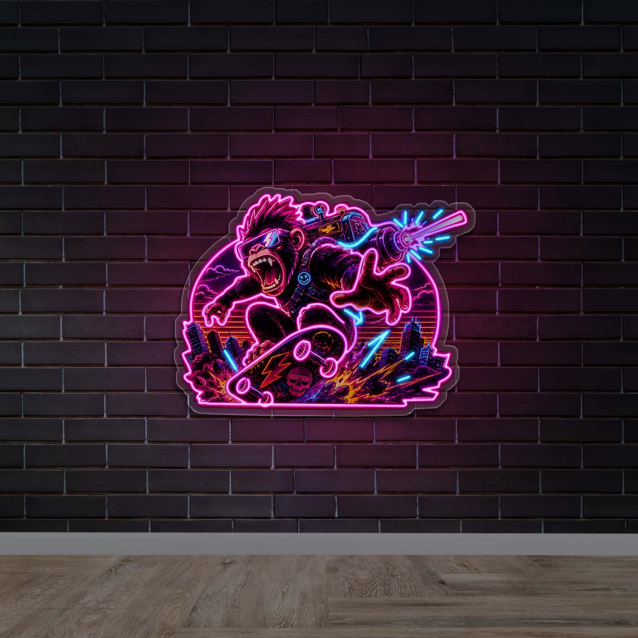 Monkey Skateboarding - Premium Neon Artwork
