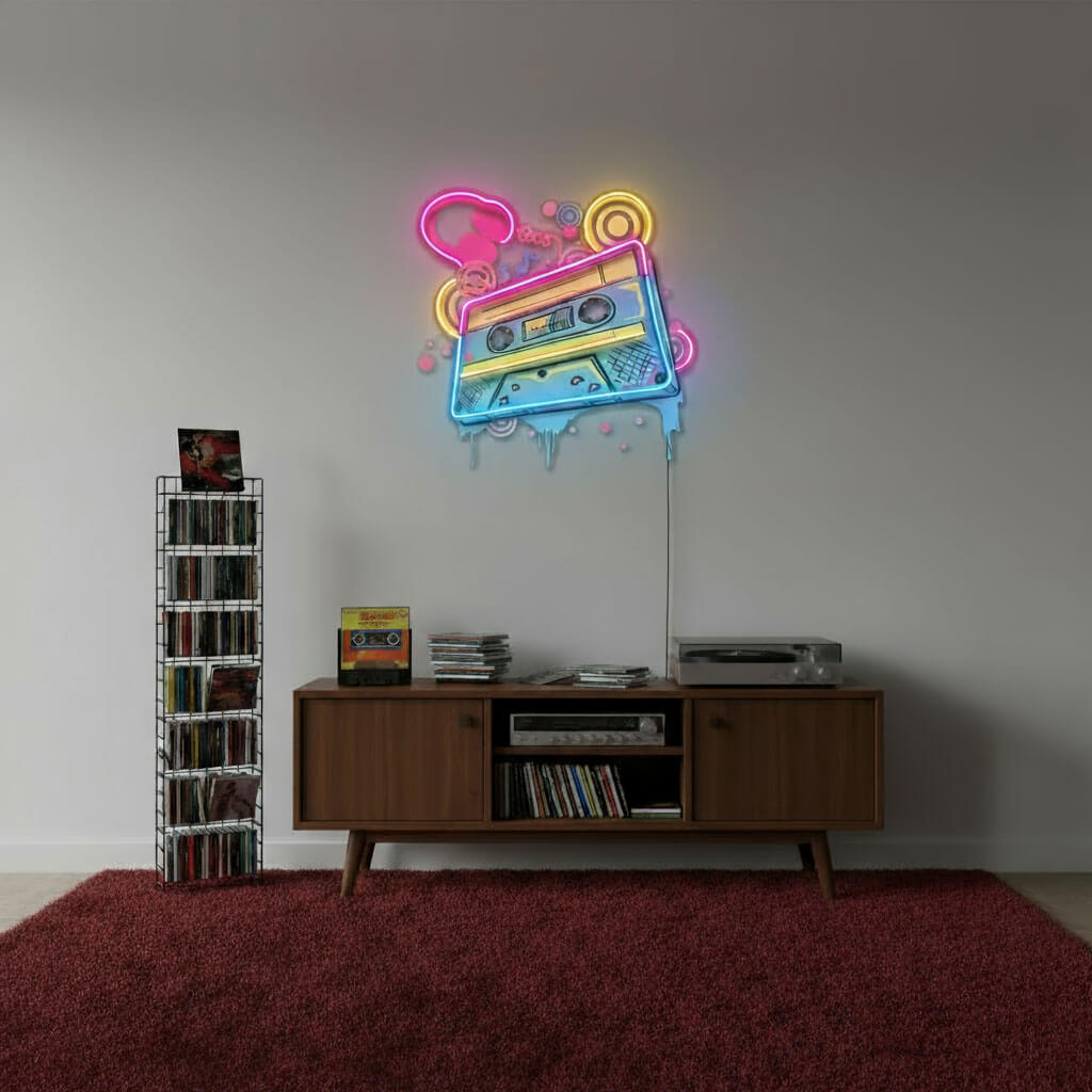 Retro 80s Cassette Tape UV Print LED Neon Art Sign