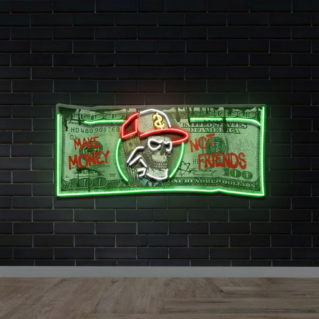 Skull Dollar Bill Man Cave UV Print LED Neon Sign