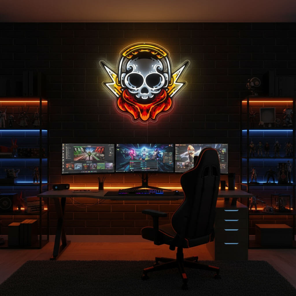 Skull with Headphones and Lightning - UV Print Gaming LED Neon Sign