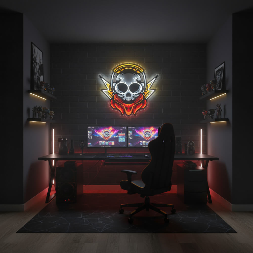 Skull with Headphones and Lightning - UV Print Gaming LED Neon Sign