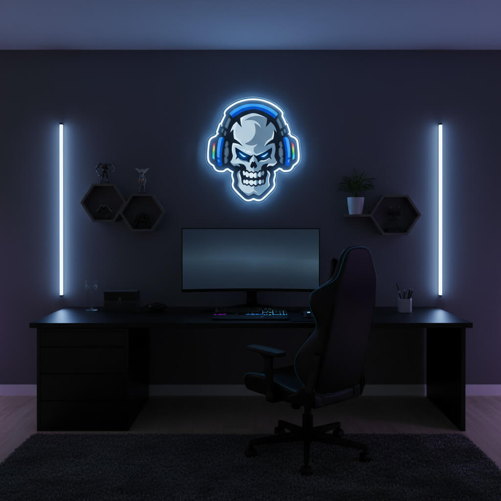 Skull with Headphones - UV Print Gaming LED Neon Sign