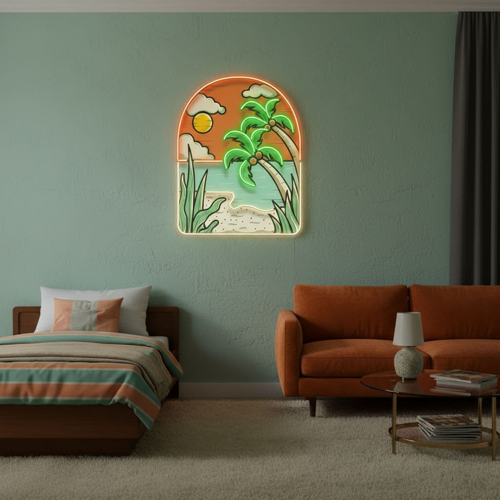 Tropical Beach Scene UV Print LED Neon Art Sign
