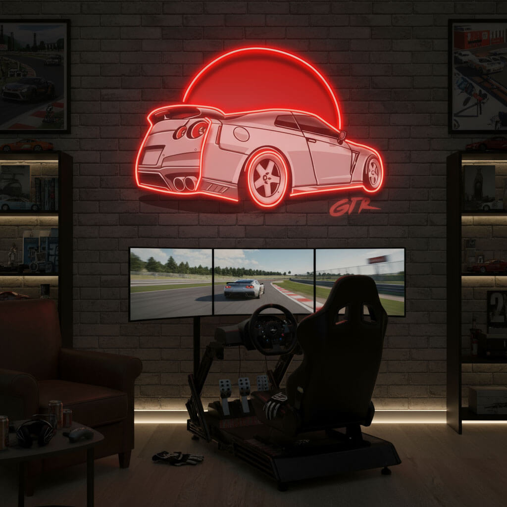 White GTR Red Moon Man Cave LED Neon Sign