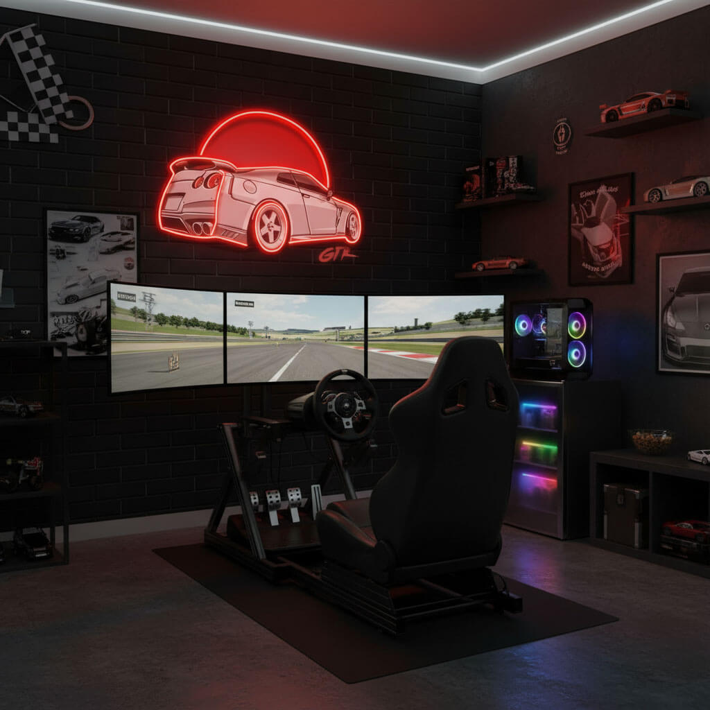 White GTR Red Moon Man Cave LED Neon Sign