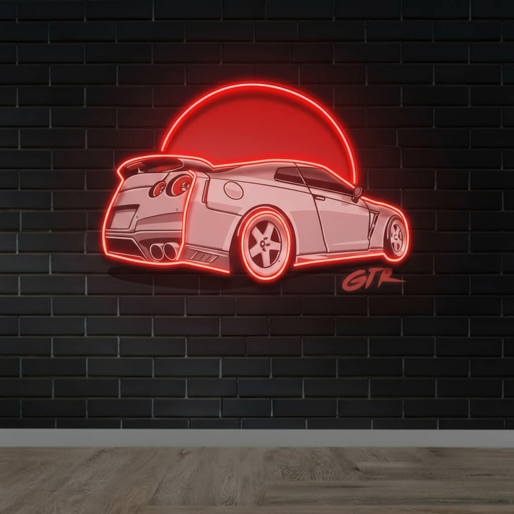 White GTR Red Moon Man Cave LED Neon Sign
