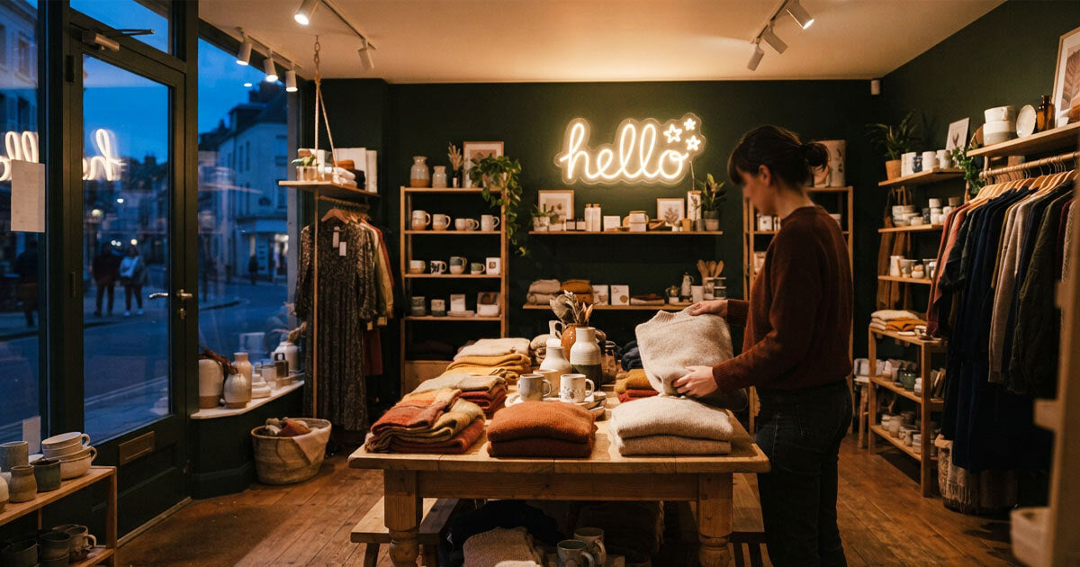 cozy local clothing store with bright hello neon sign mounted on wall