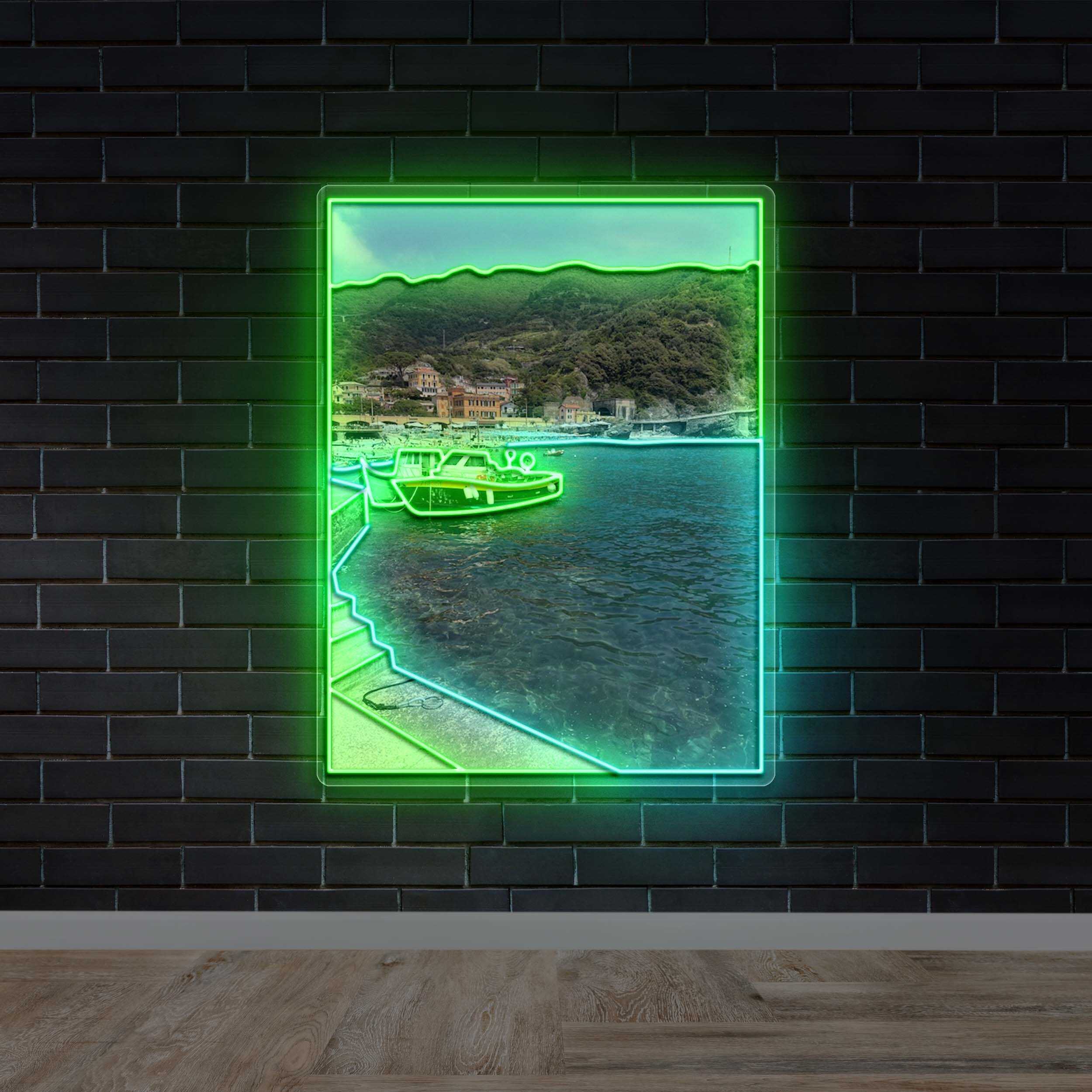 Coastal Harbor with Boats - Premium Neon Artwork