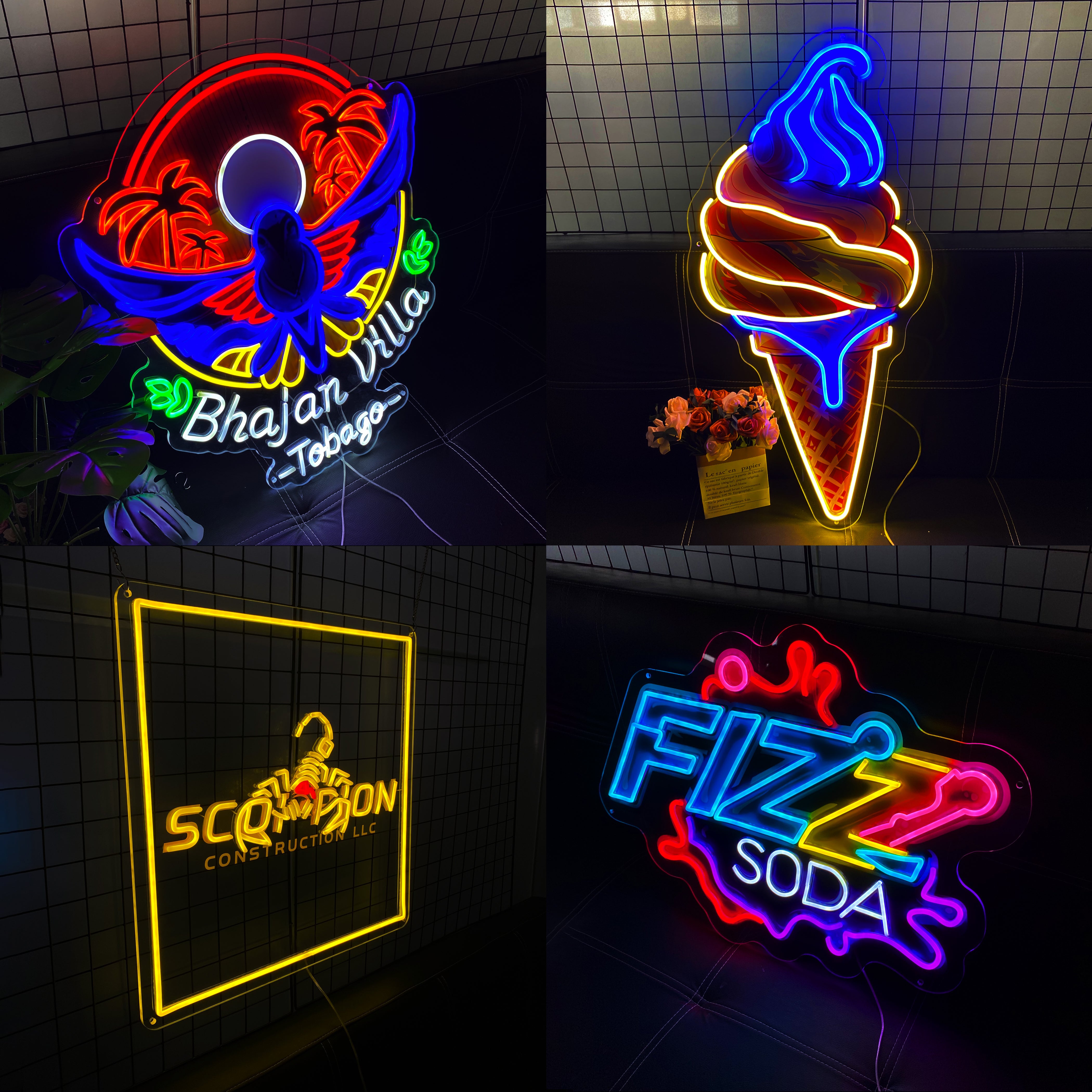 collage of customers neon signs