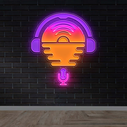 Podcast Headphones Microphone Logo - Premium Neon Artwork