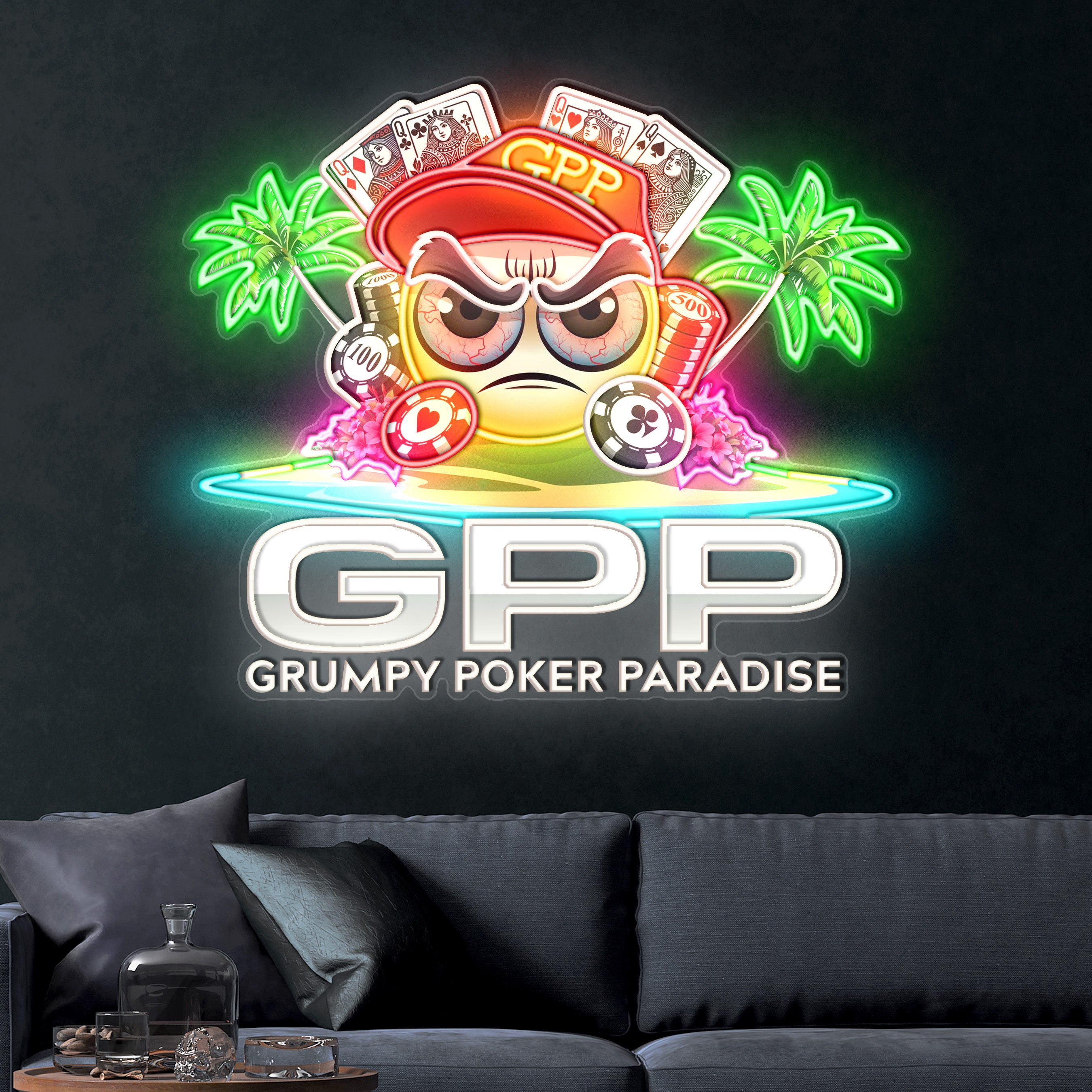 Grumpy Poker Paradise – Premium Neon Artwork