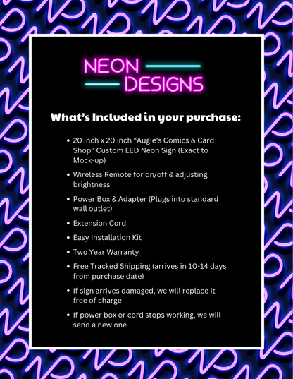 Augie's Comics & Cards Shop - Premium Neon Artwork