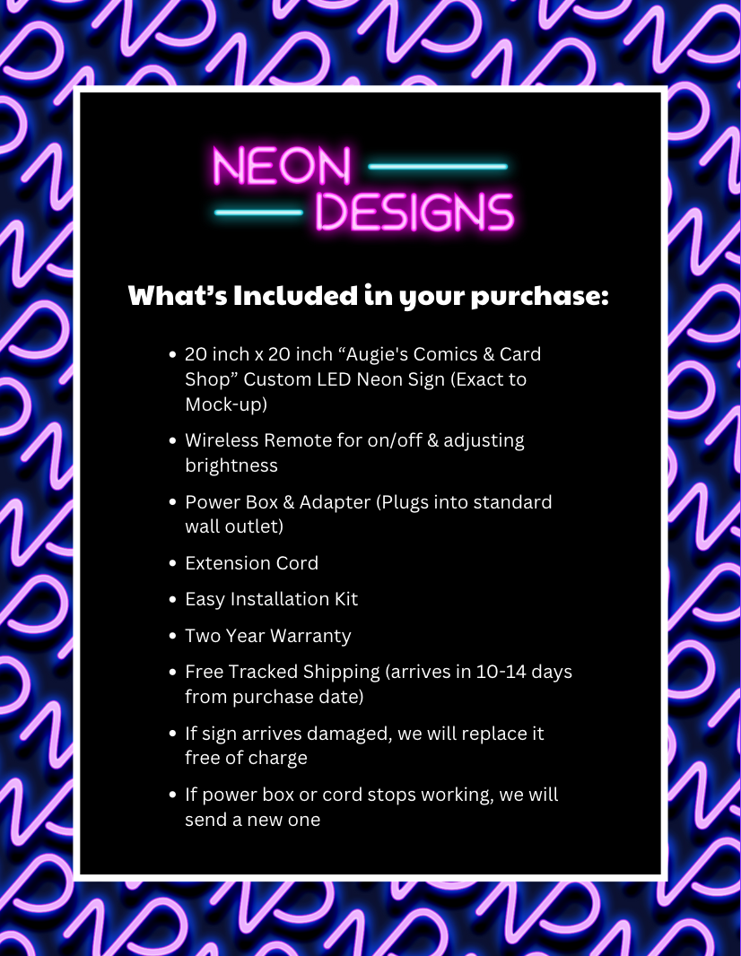 Augie's Comics & Cards Shop - Premium Neon Artwork
