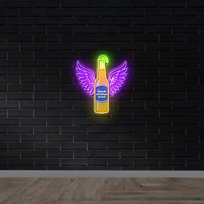 Winged Beer Bottle with Halo - Premium Neon Artwork