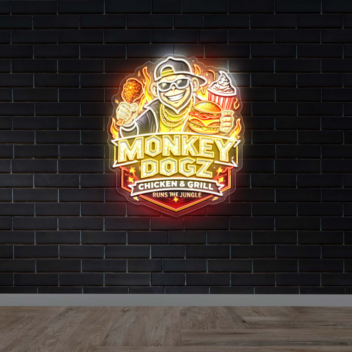 Monkey Dogz Chicken & Grill Runs The Jungle - Premium Neon Artwork
