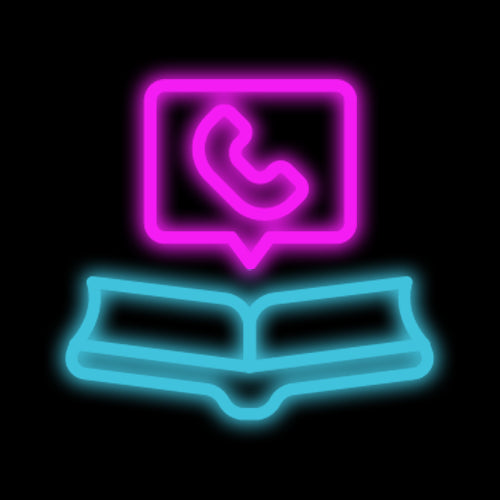 Neon icon of a phone inside a speech bubble and an open book.