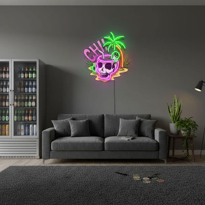 Chill Skull Tropical UV Print LED Neon Art Sign