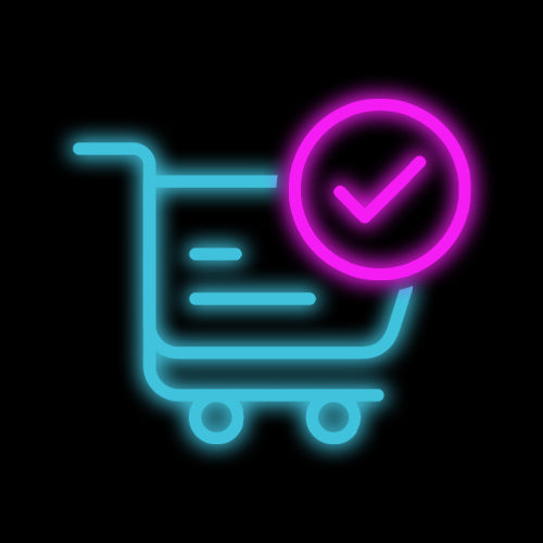 Neon icon of a shopping cart with a pink check mark on a black background