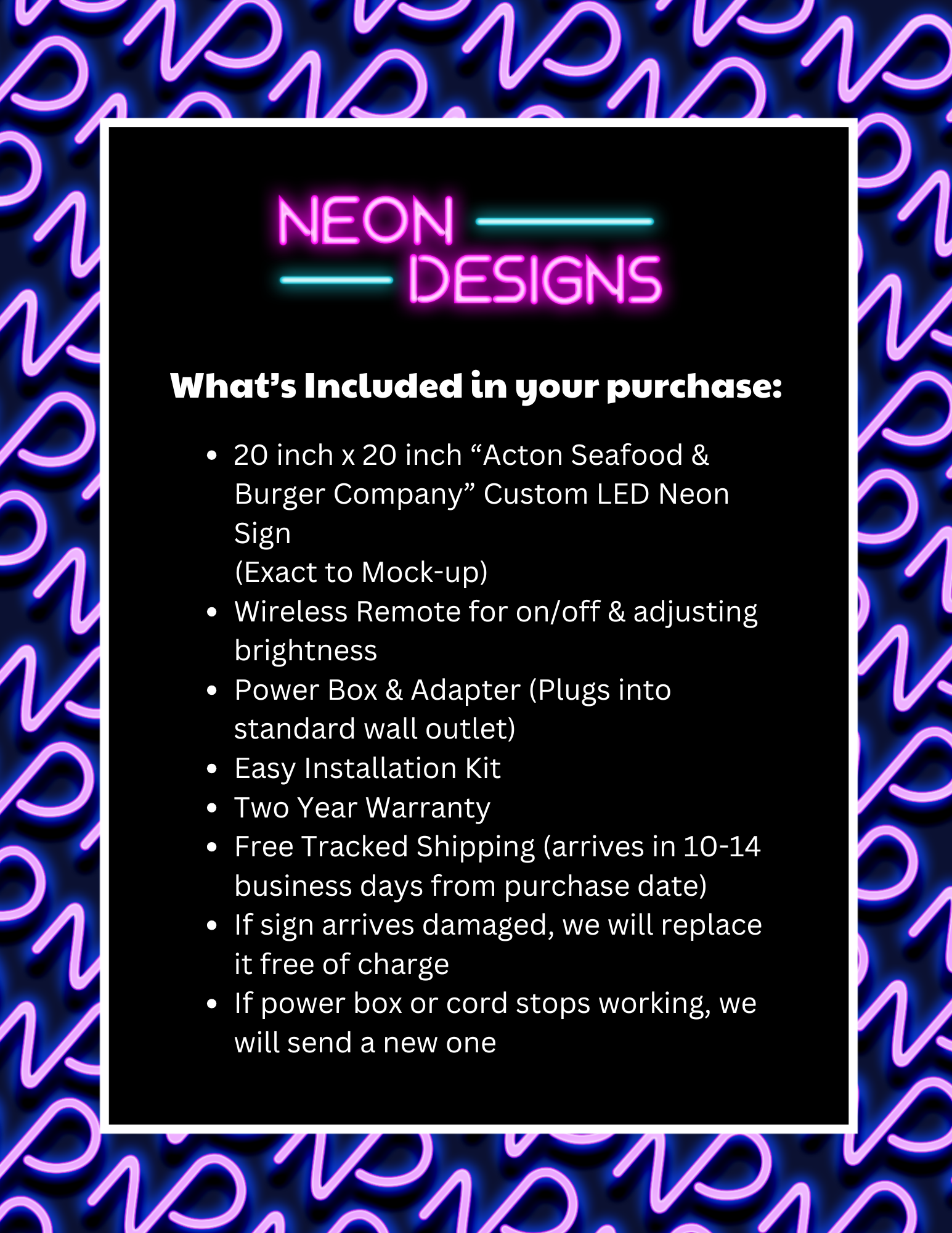 Acton Seafood & Burger Company - Premium Neon Artwork