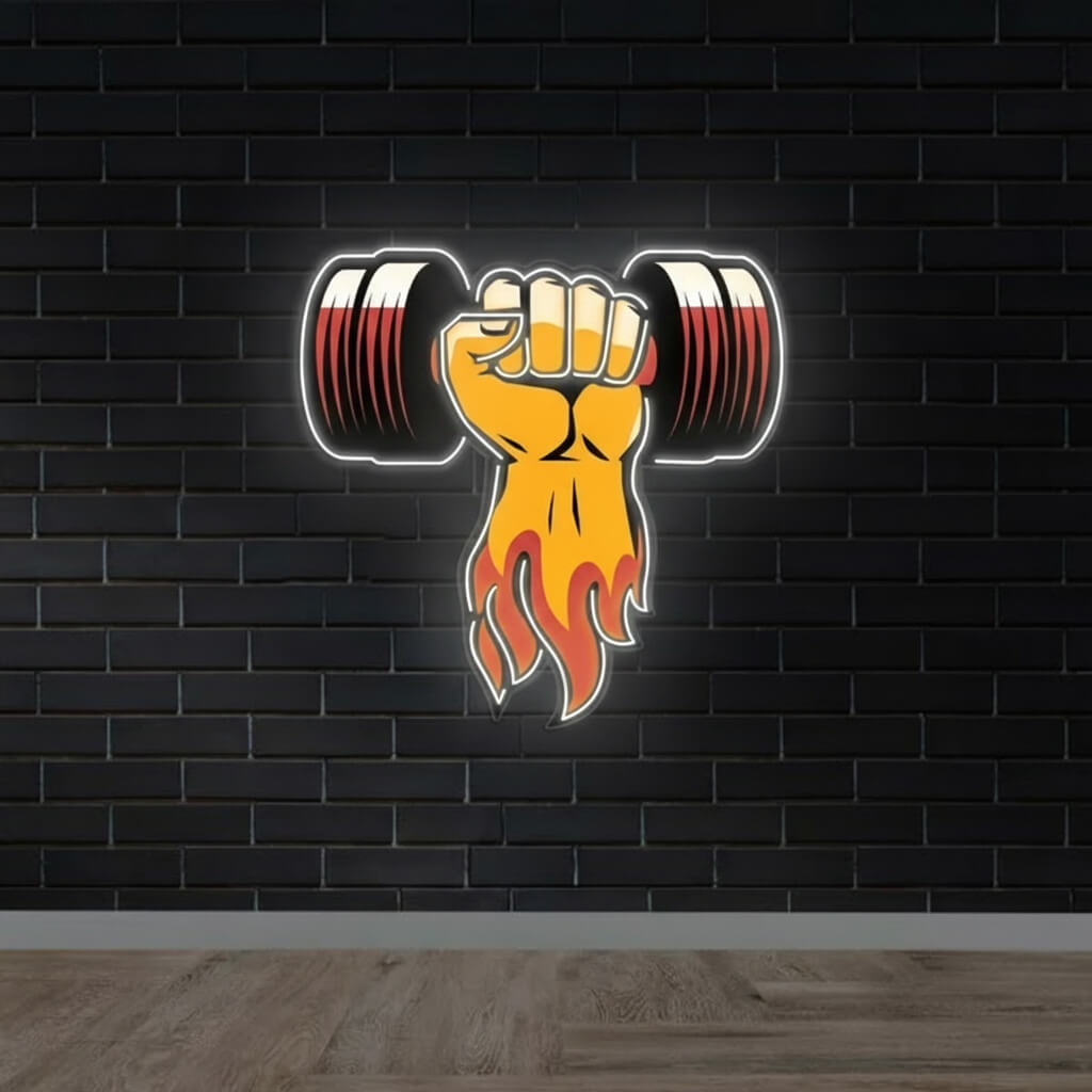 Flaming Fist Dumbbell - UV Print Gym LED Neon Sign