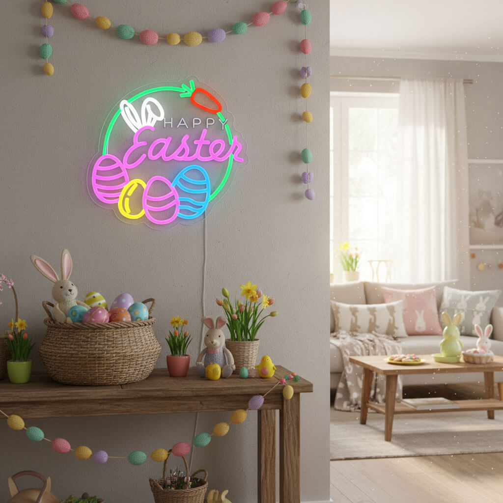 Happy Easter Colorful Bunny & Egg - Events Decor LED Neon Sign