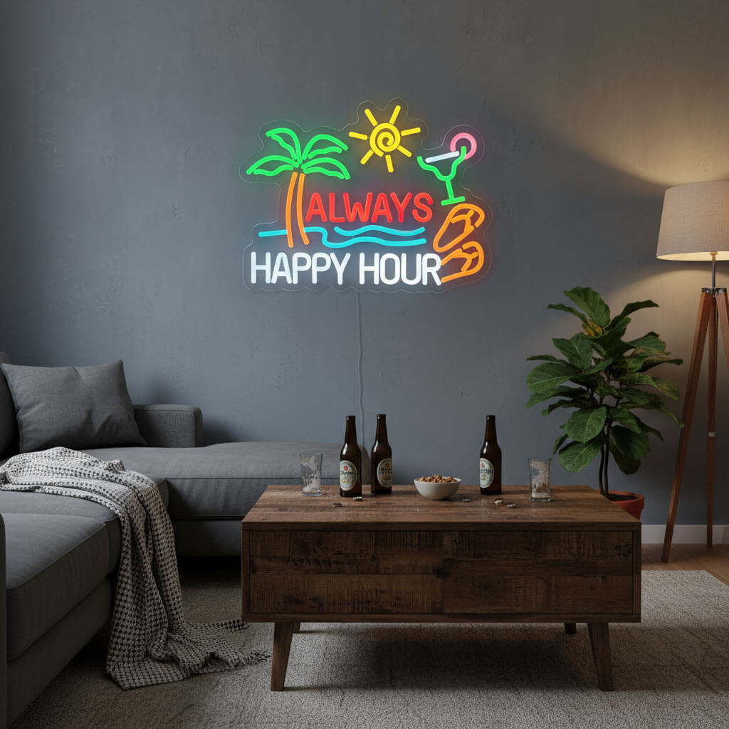 Always Happy Hour Tropical Home Decor LED Neon Sign