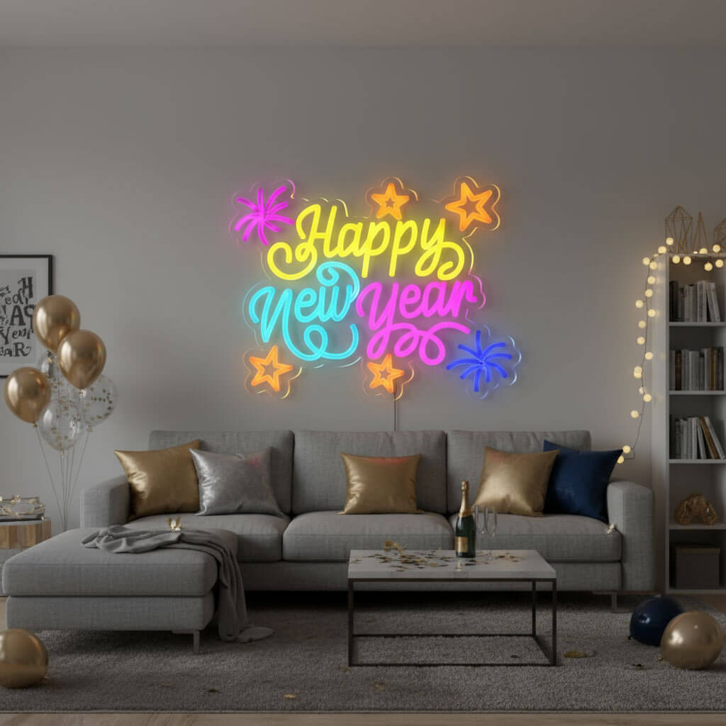 Happy New Year Fireworks & Stars - Events Decor LED Neon Sign