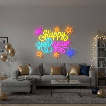 Happy New Year Fireworks & Stars - Events Decor LED Neon Sign