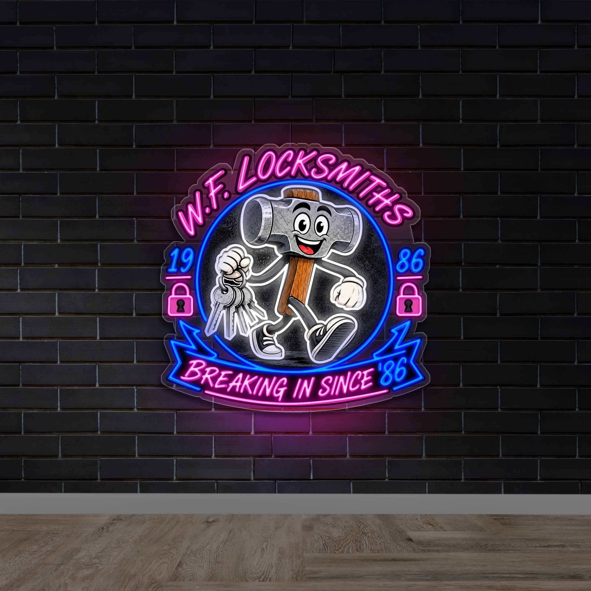 W.F. Locksmiths Hammer Mascot - Premium Neon Artwork