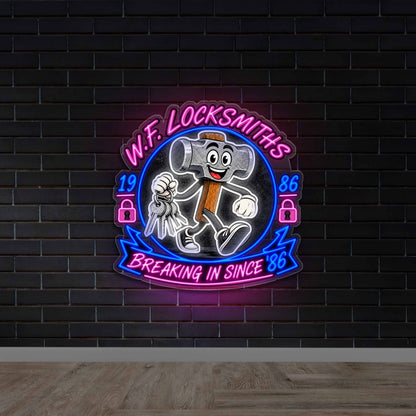 W.F. Locksmiths Hammer Mascot - Premium Neon Artwork