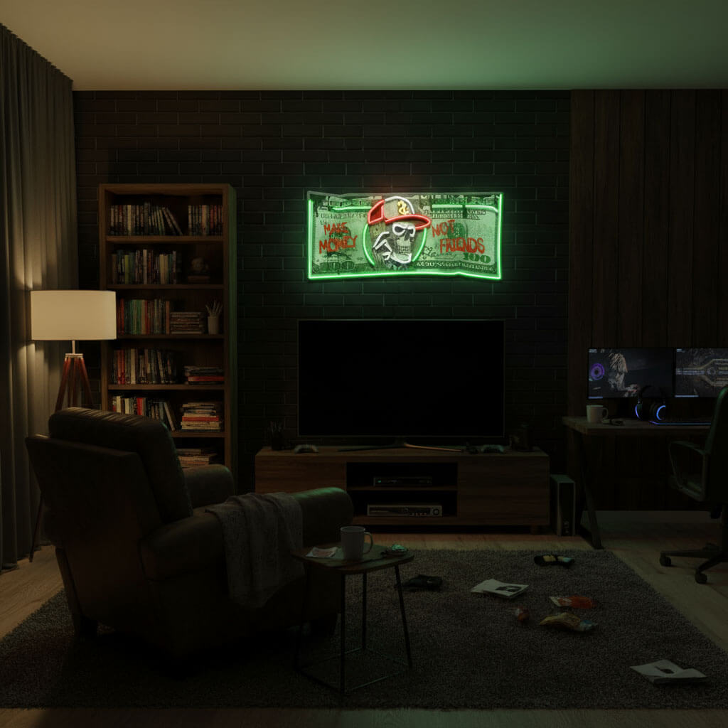 Skull Dollar Bill Man Cave UV Print LED Neon Sign