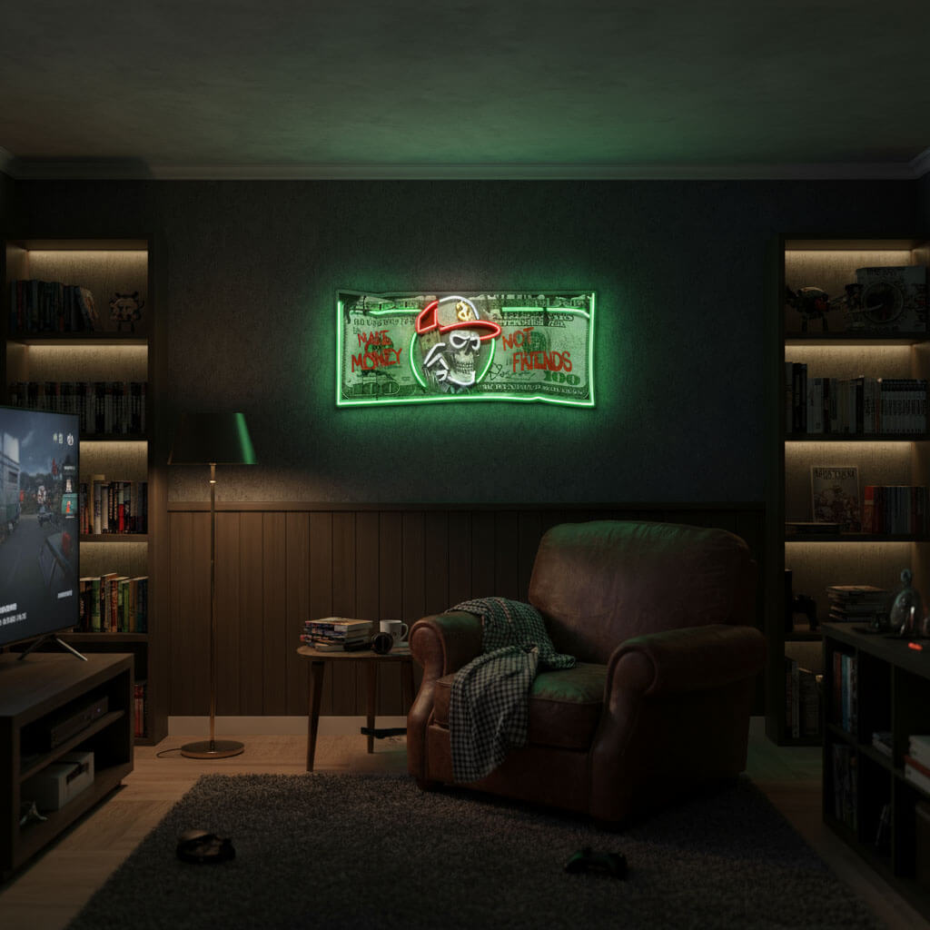 Skull Dollar Bill Man Cave UV Print LED Neon Sign