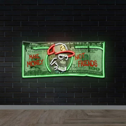Skull Dollar Bill Man Cave UV Print LED Neon Sign