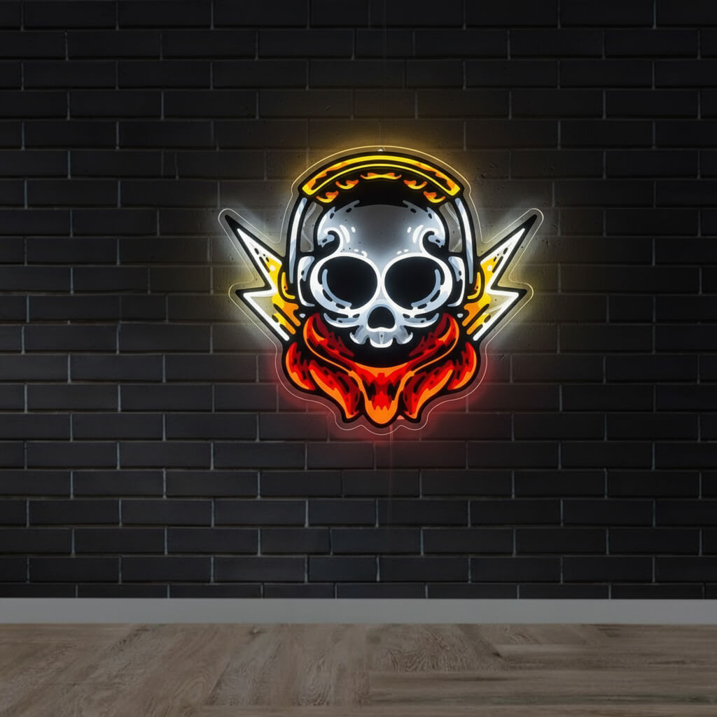 Skull with Headphones and Lightning - UV Print Gaming LED Neon Sign