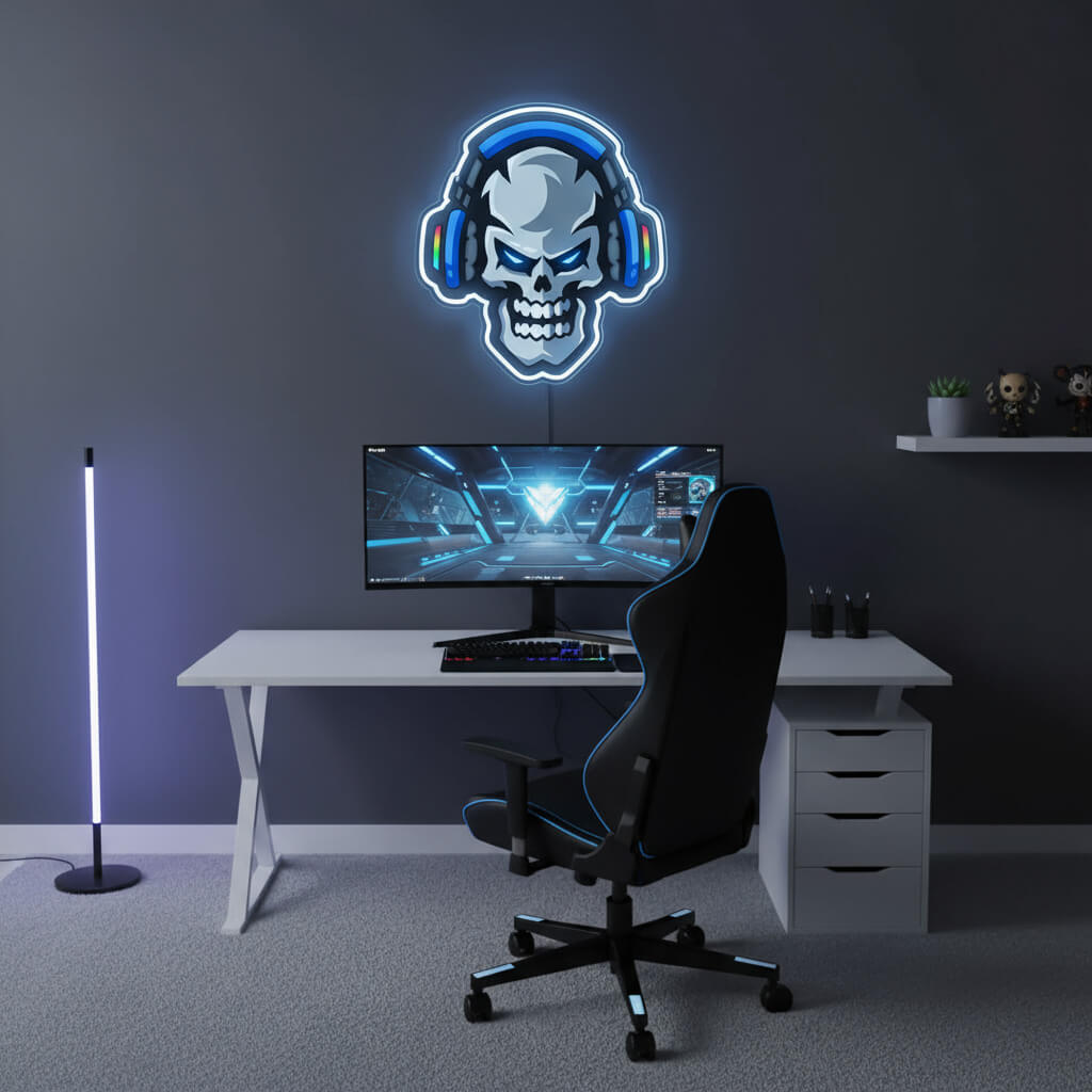 Skull with Headphones - UV Print Gaming LED Neon Sign