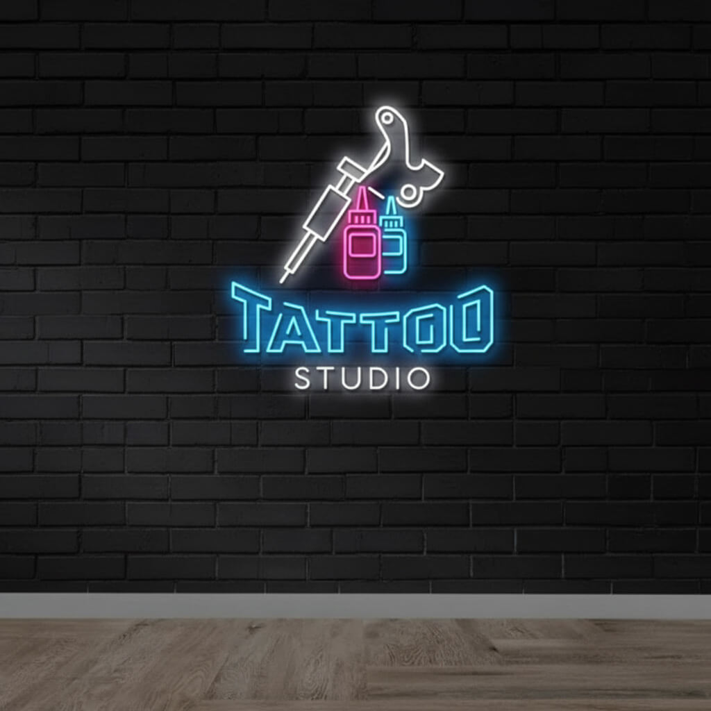 Tattoo Studio with Machine & Ink Bottles LED Neon Sign