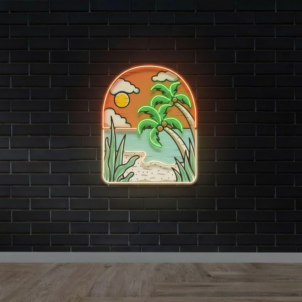 Tropical Beach Scene UV Print LED Neon Art Sign