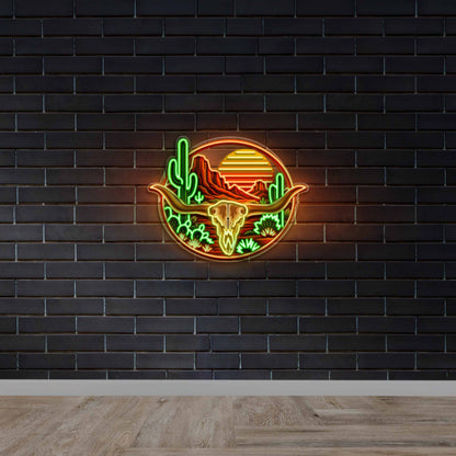 Desert Sunset Cactus Skull - Premium Neon Artwork